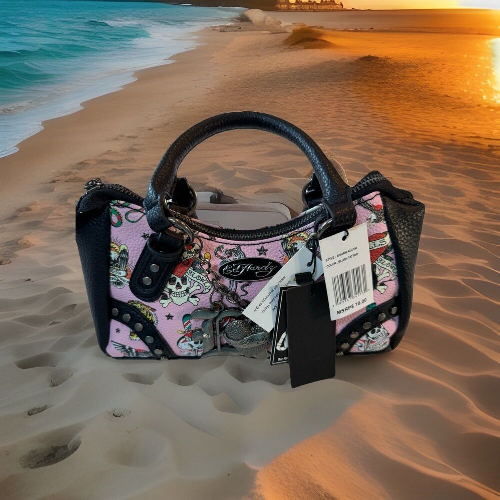 Ed Hardy Mini Satchel Handbag Blush Tattoo Print Skull‎ NWT Style EHH409-42